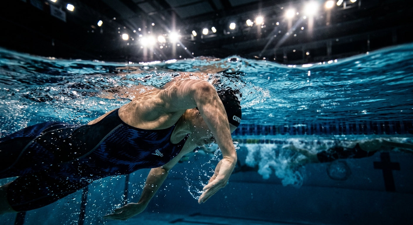 Close-up of a swimmer's arm underwater showing perfect early vertical forearm technique with dramatic stadium lighting reflecting off the surface.