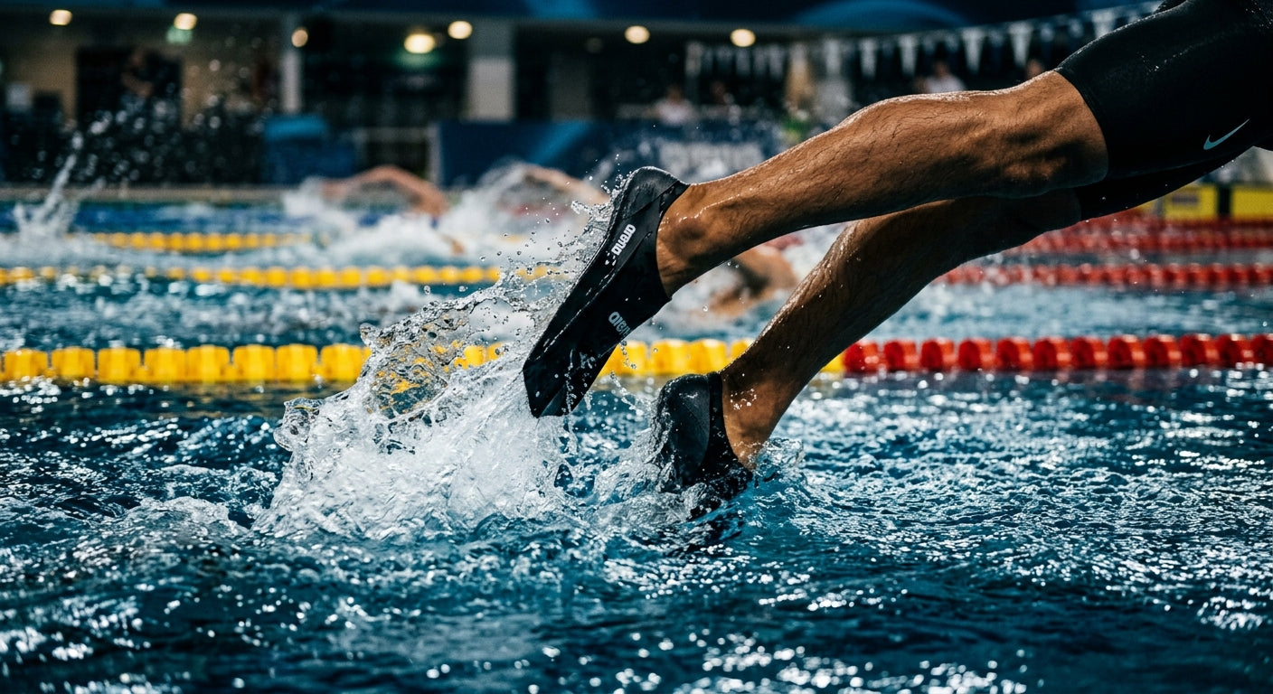 Close-up of a swimmer's feet creating a wake in the water, illustrating the hydrodynamic slipstream effect used for energy conservation during a race.