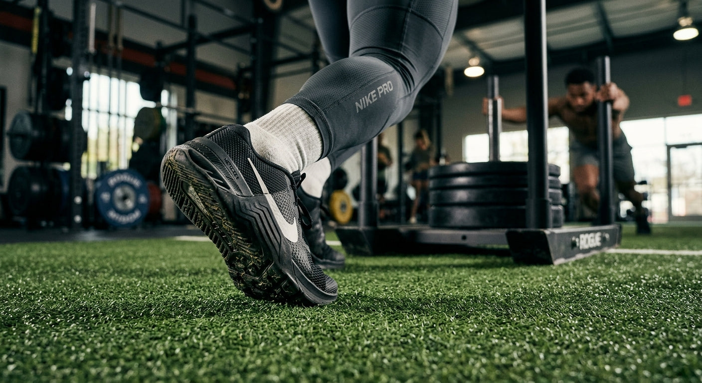 Close-up of a training shoe outsole gripping synthetic indoor turf during a high-intensity sled push workout