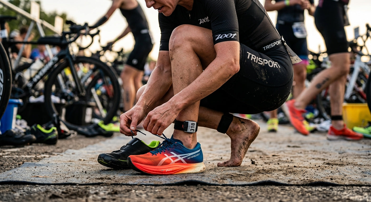 Close-up of a triathlete changing shoes during a transition with motion blur and sharp athletic textures.