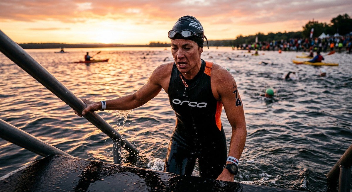 Close-up of a triathlete emerging from the water during a sunrise swim, with sharp textures and cinematic lighting reflecting on the surface.