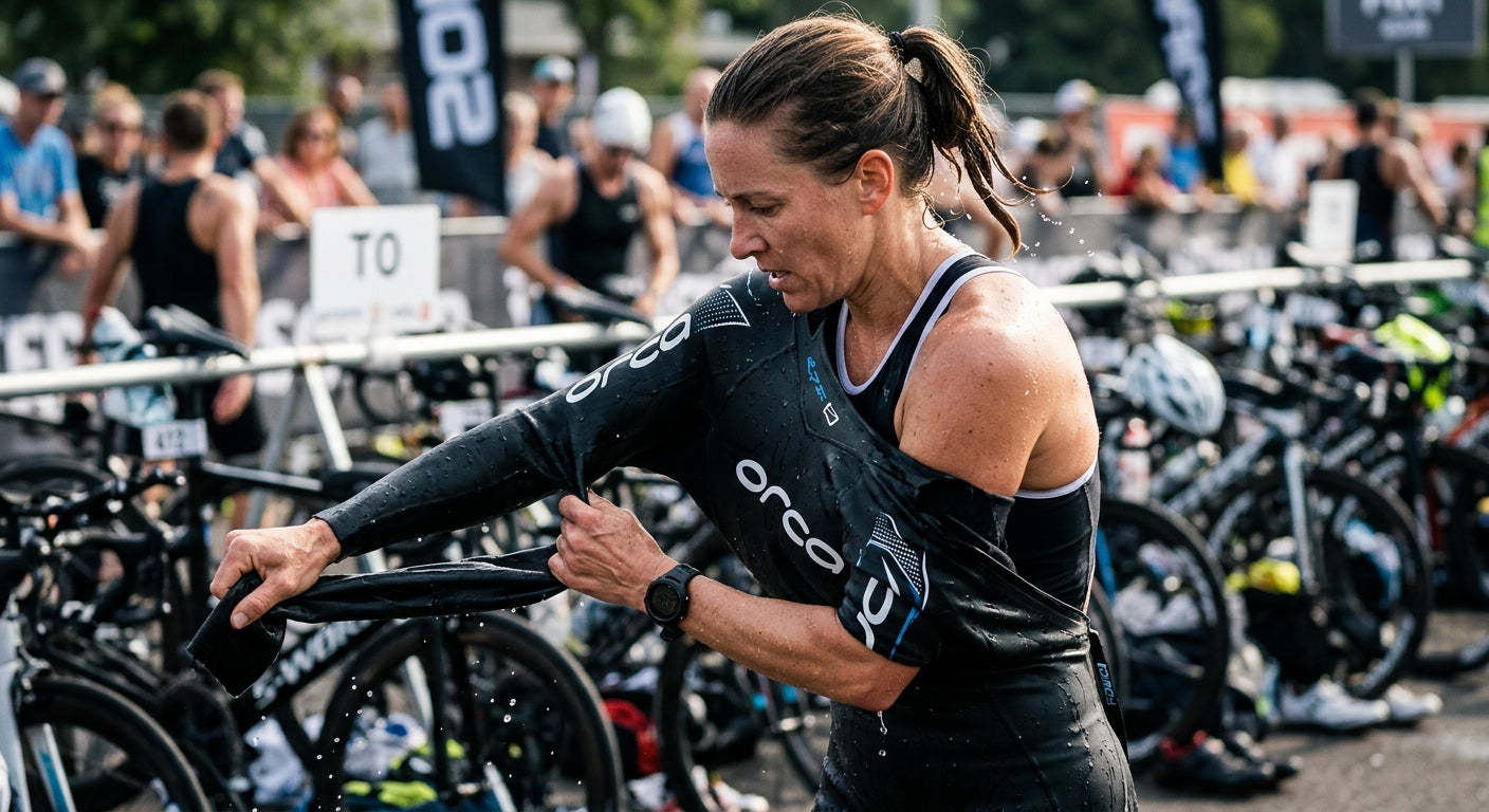 Close-up of a triathlete expertly peeling off a wetsuit during a transition with sharp focus on movement and water droplets.