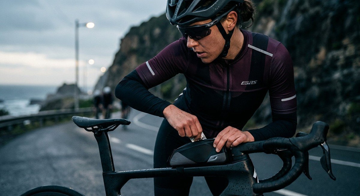 Close-up of a triathlete reaching into a sleek top-tube fuel bag during a high-intensity training session, cinematic moody lighting.