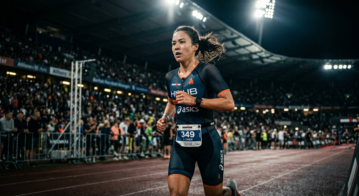 Close-up of a triathlete running with intense focus, captured in cinematic stadium lighting with sharp textures.