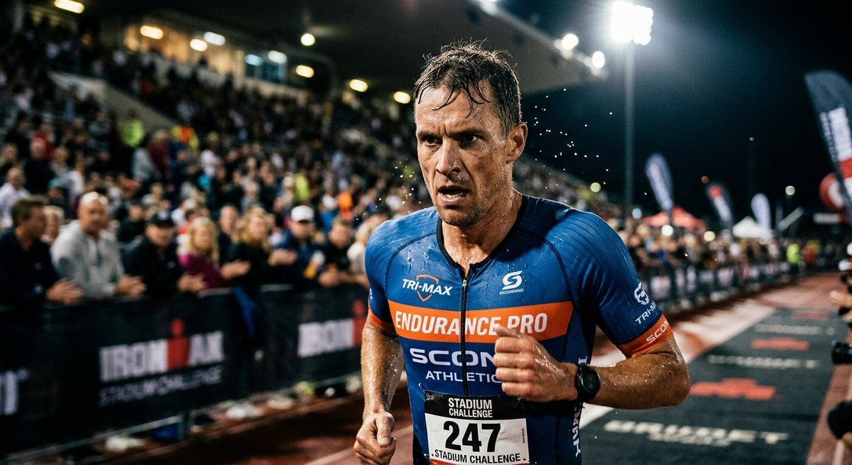 Close-up of a triathlete's face showing focus and intensity, with dramatic stadium lighting and high-speed motion effects.