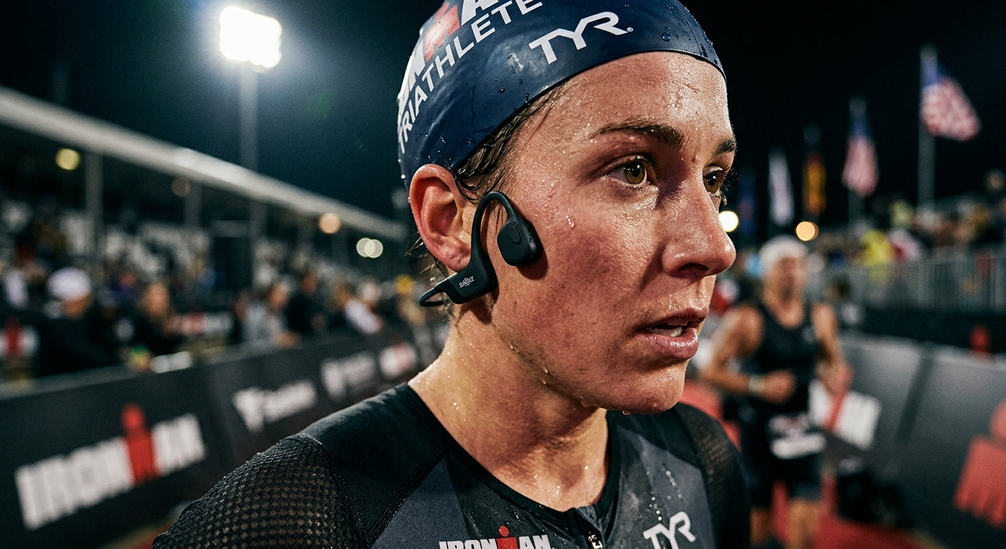 Close-up of a triathlete's face showing the precise placement of a bone-conduction headset against the cheekbone with water droplets catching the stadium light.