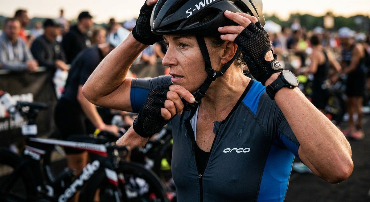 Close-up of a triathlete's hands swiftly securing a helmet strap, captured in sharp detail with professional sports photography style.