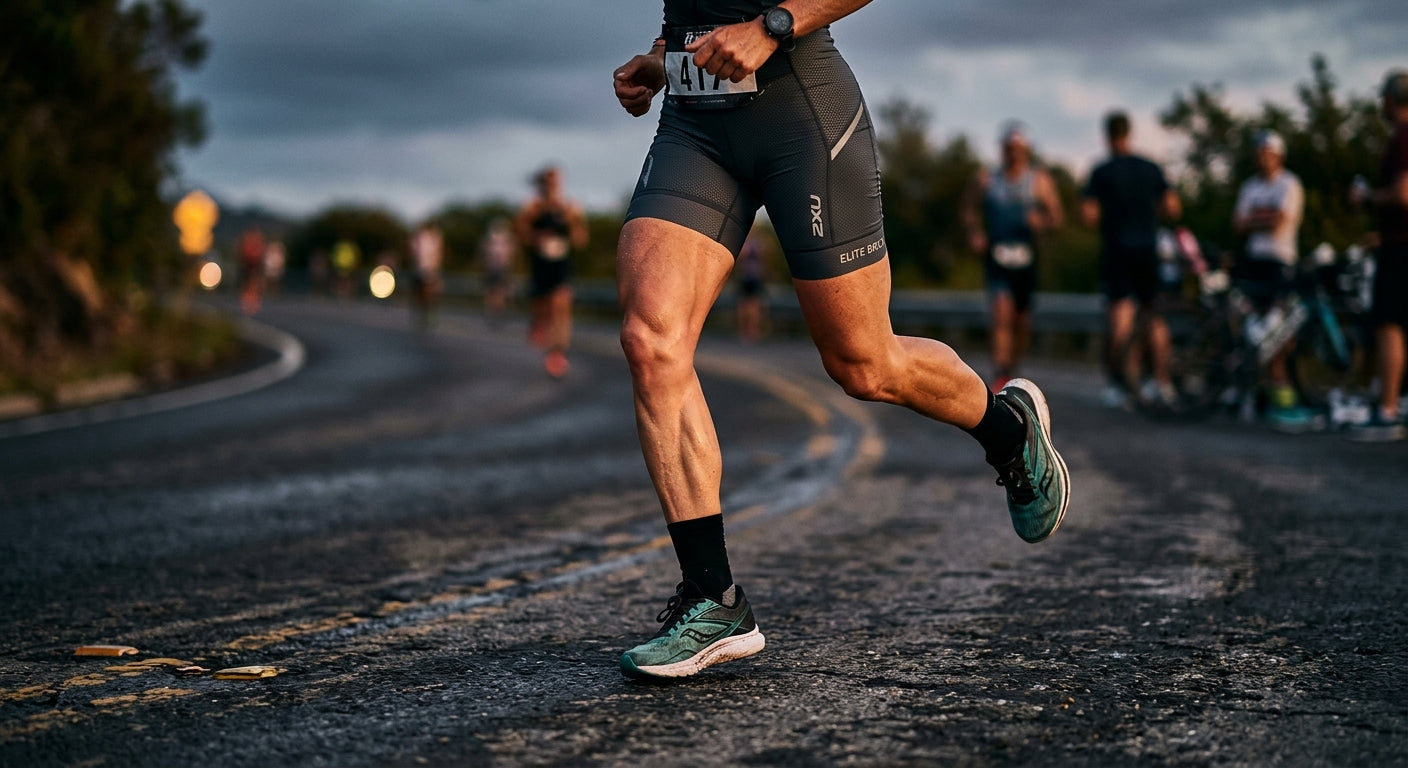Close-up of a triathlete's legs in motion during a brick workout, showing sharp muscle definition and dramatic cinematic lighting.