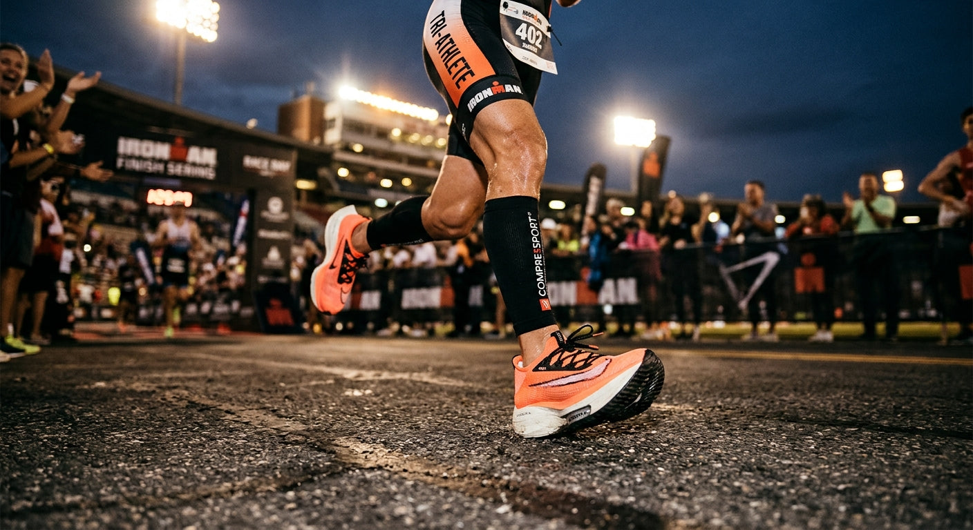 Close-up of a triathlete's running shoes hitting the pavement during a race, showcasing realistic textures and dramatic stadium lighting.