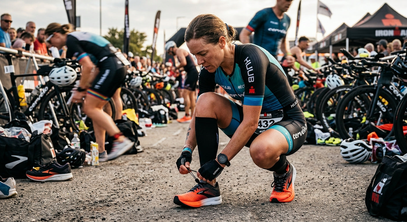Close-up of a triathlete using quick-lace systems on performance running shoes during a race transition.