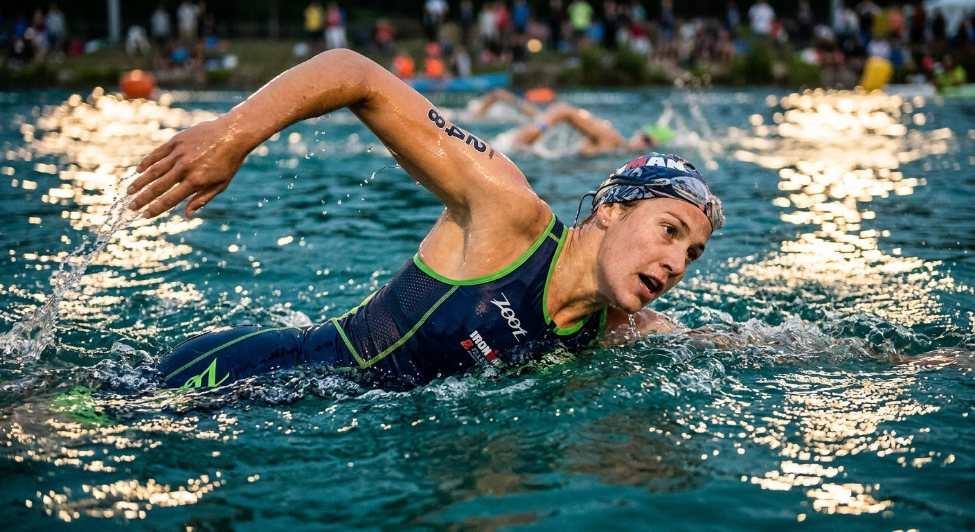 Close-up of a triathlete wearing a sleeveless trisuit, showcasing the shoulder mobility during a competitive swim in clear, cinematic stadium-lit water.