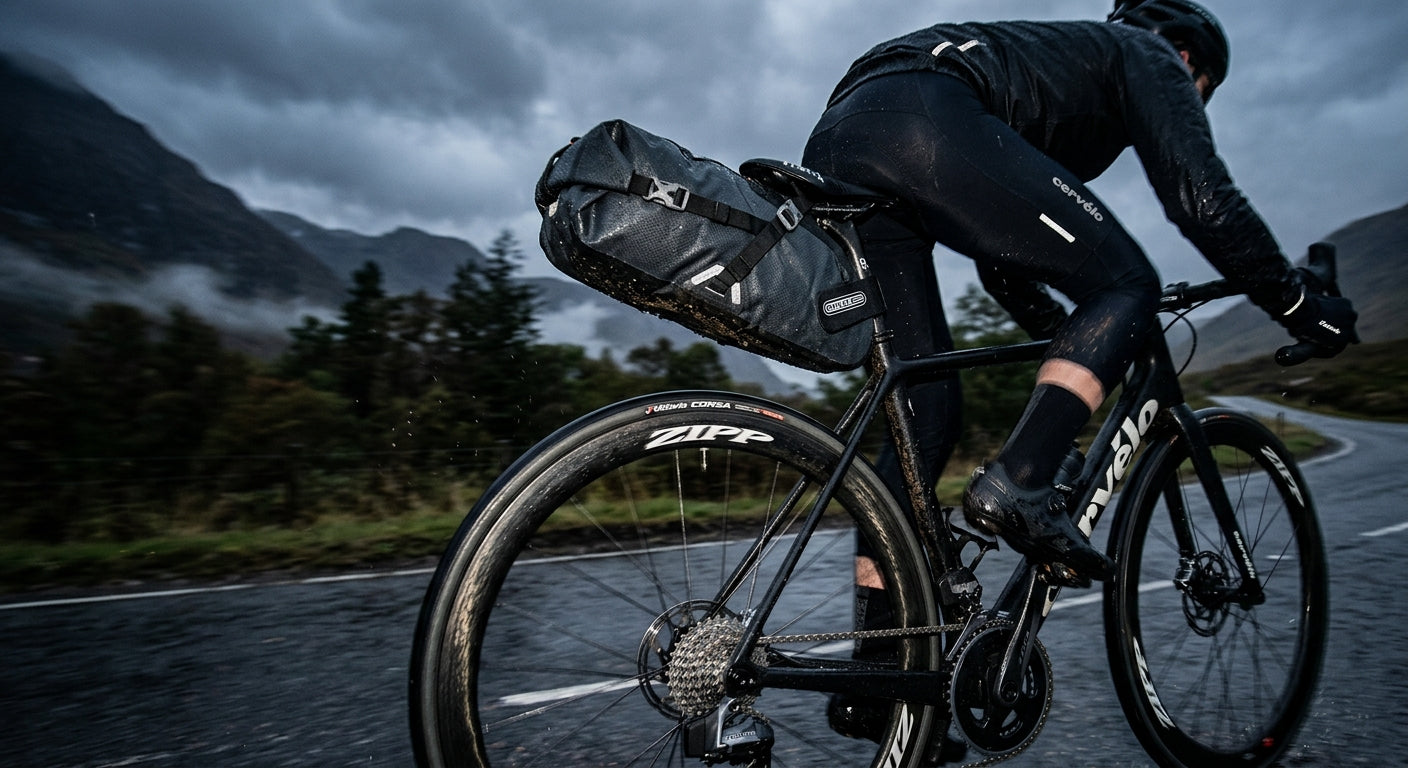 Close-up of a waterproof Ortlieb Seat-Pack mounted on a road bike, highlighting the rugged fabric texture and motion blur of the rear wheel in a moody, cinematic setting.