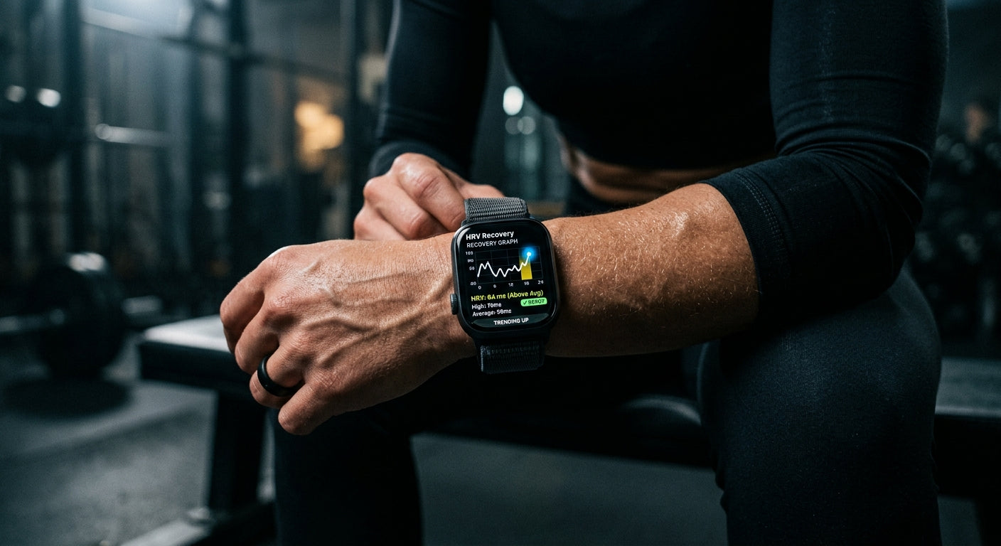 Close-up of an Apple Watch display showing a detailed HRV recovery graph with high-contrast, moody studio lighting.