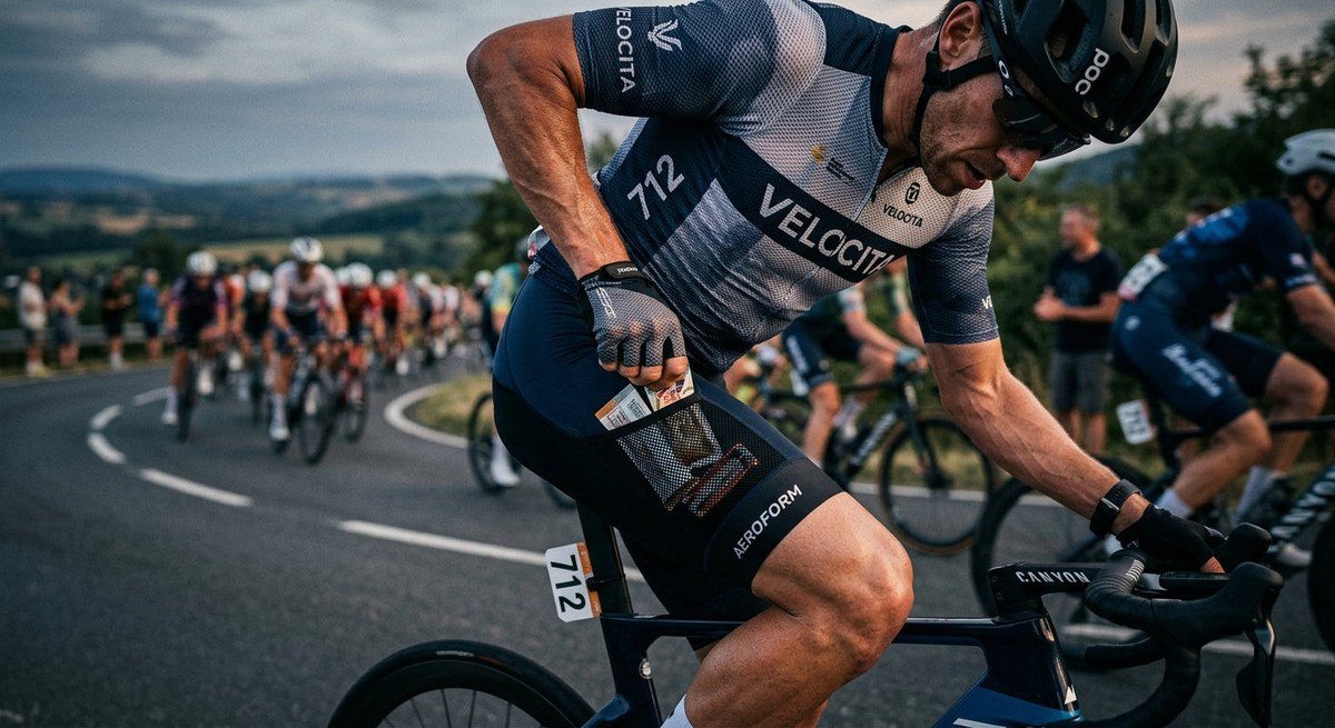Close up of an athlete adjusting gear in a mesh cargo bib pocket during a high-speed endurance cycling race.