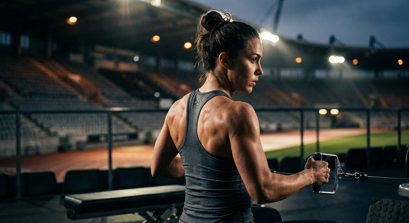 Close-up of an athlete focusing on scapular control during a training session with dramatic stadium lighting.
