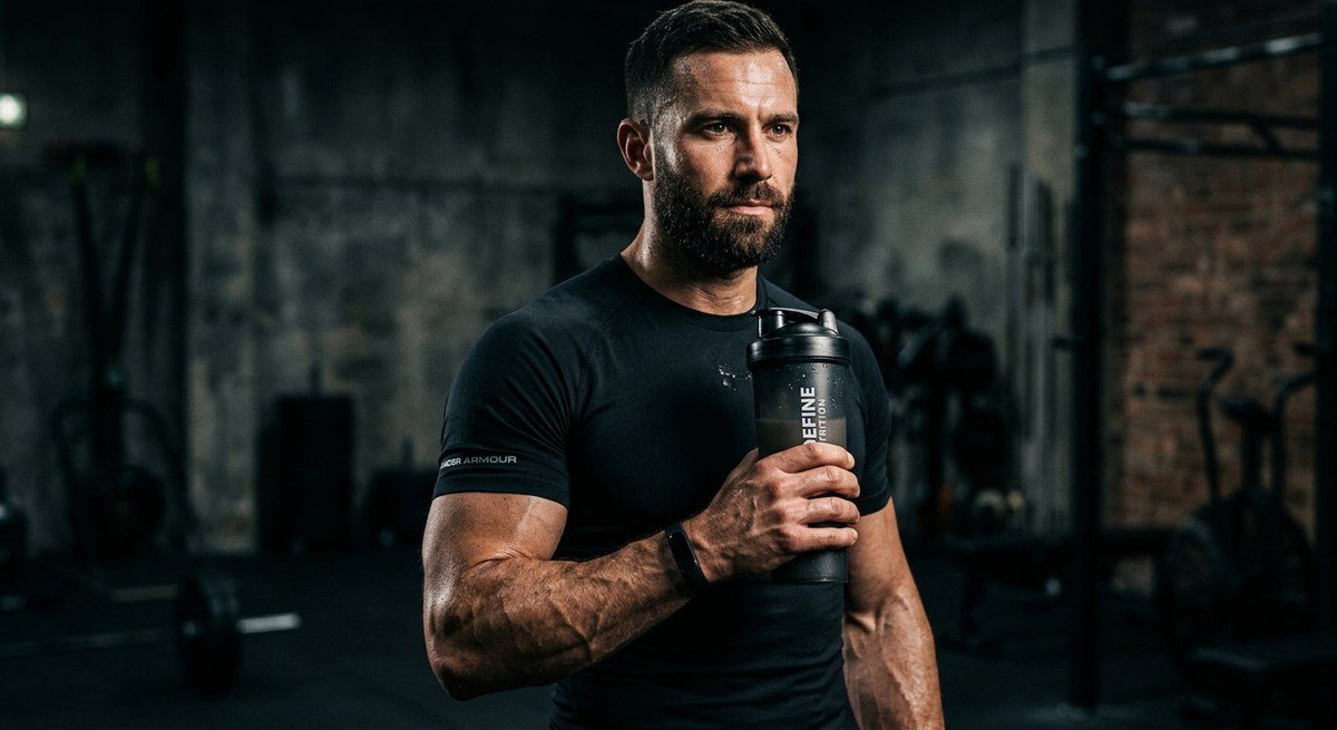 Close-up of an athlete holding a protein shaker bottle against a moody, dark background with cinematic lighting.