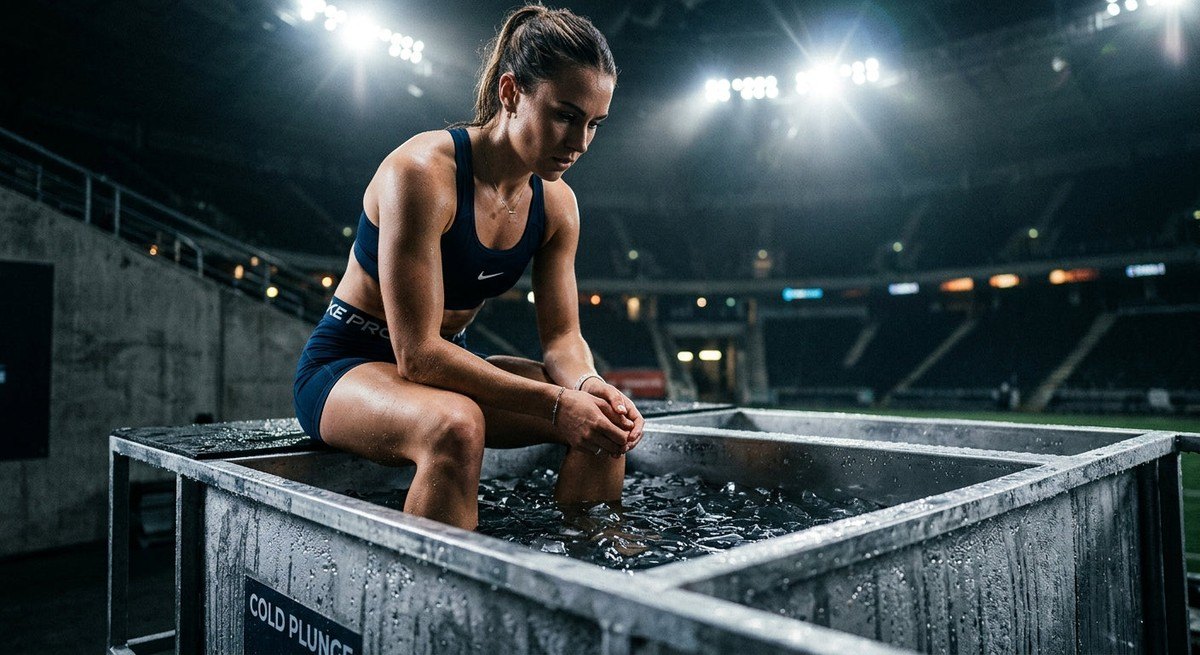 Close-up of an athlete preparing for a cold water immersion session, capturing the condensation on the tub surface and the dramatic stadium-style lighting.