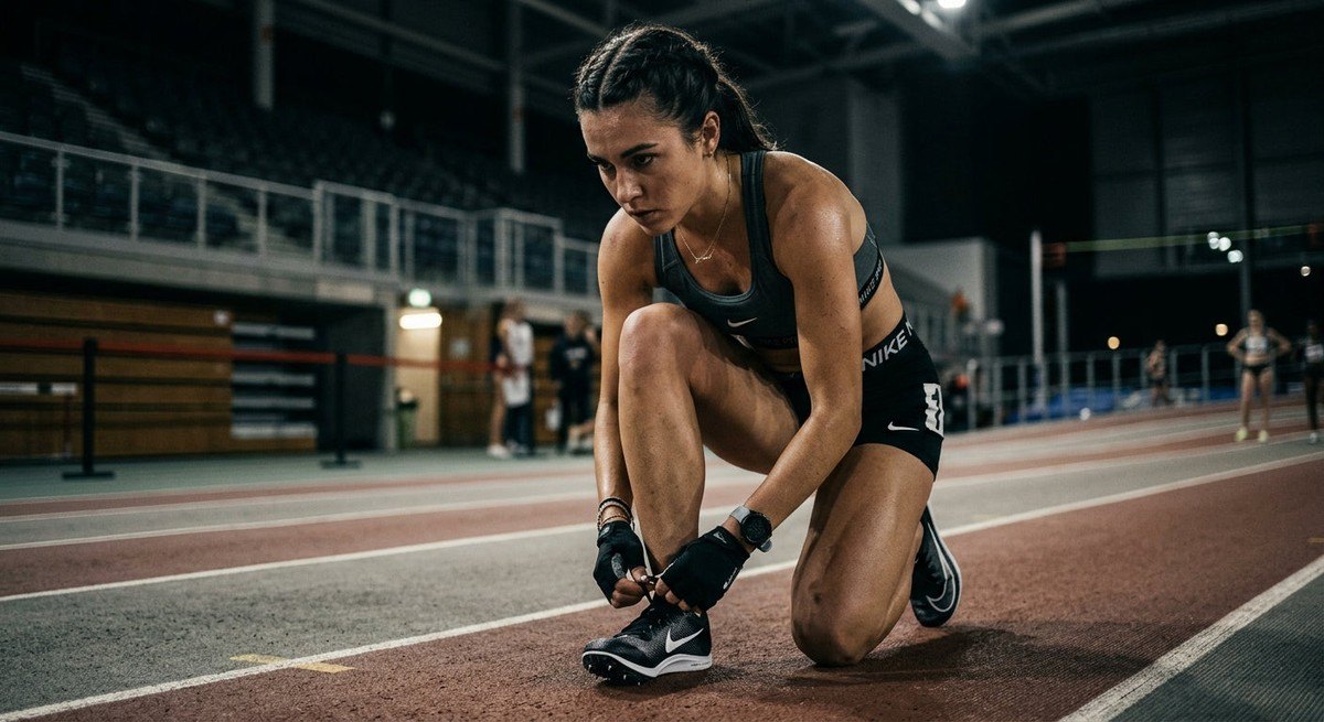 Close-up of an athlete preparing for a race, with sharp, moody lighting highlighting the intensity and fine details of their training gear.