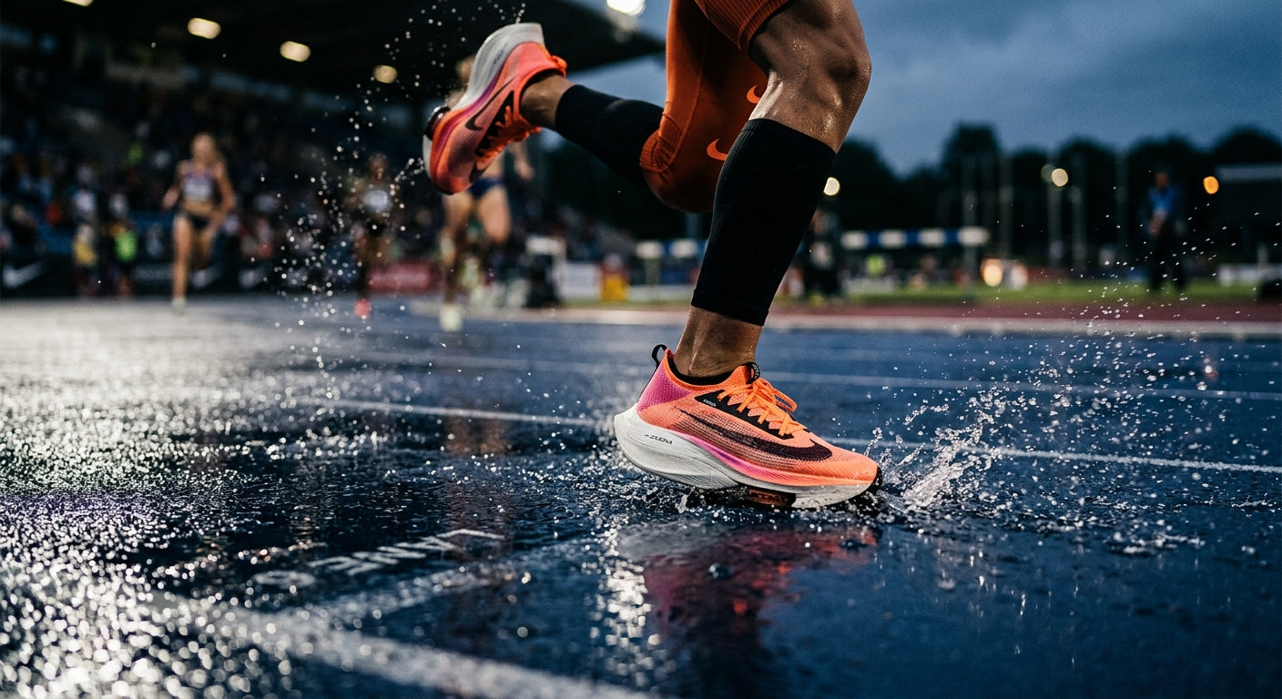 Close-up of an athlete's feet in high-performance carbon-plated racing shoes hitting a wet track surface