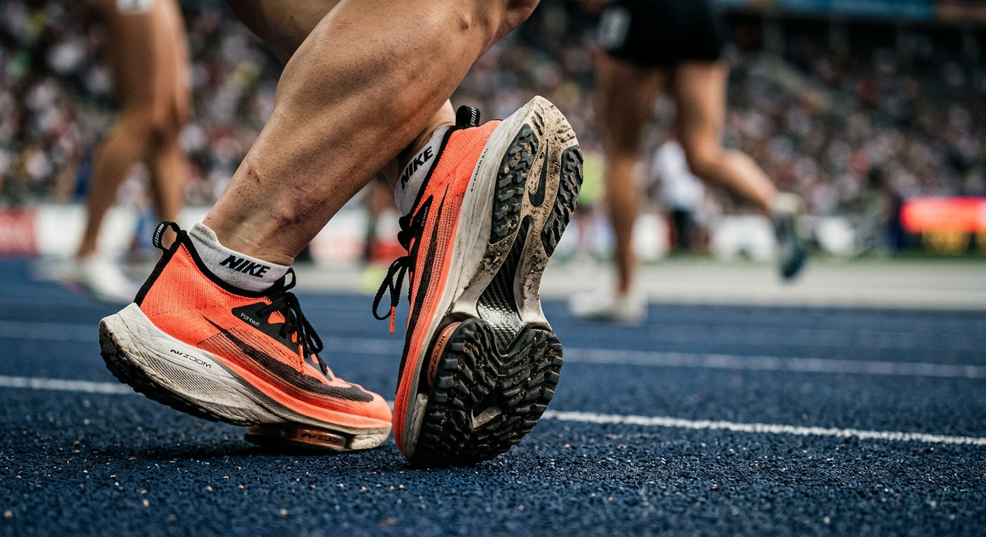 Close-up of an athlete's foot wearing high-performance gear, focusing on the texture of the shoe sole and the aggressive curvature of the carbon-fibre plate.
