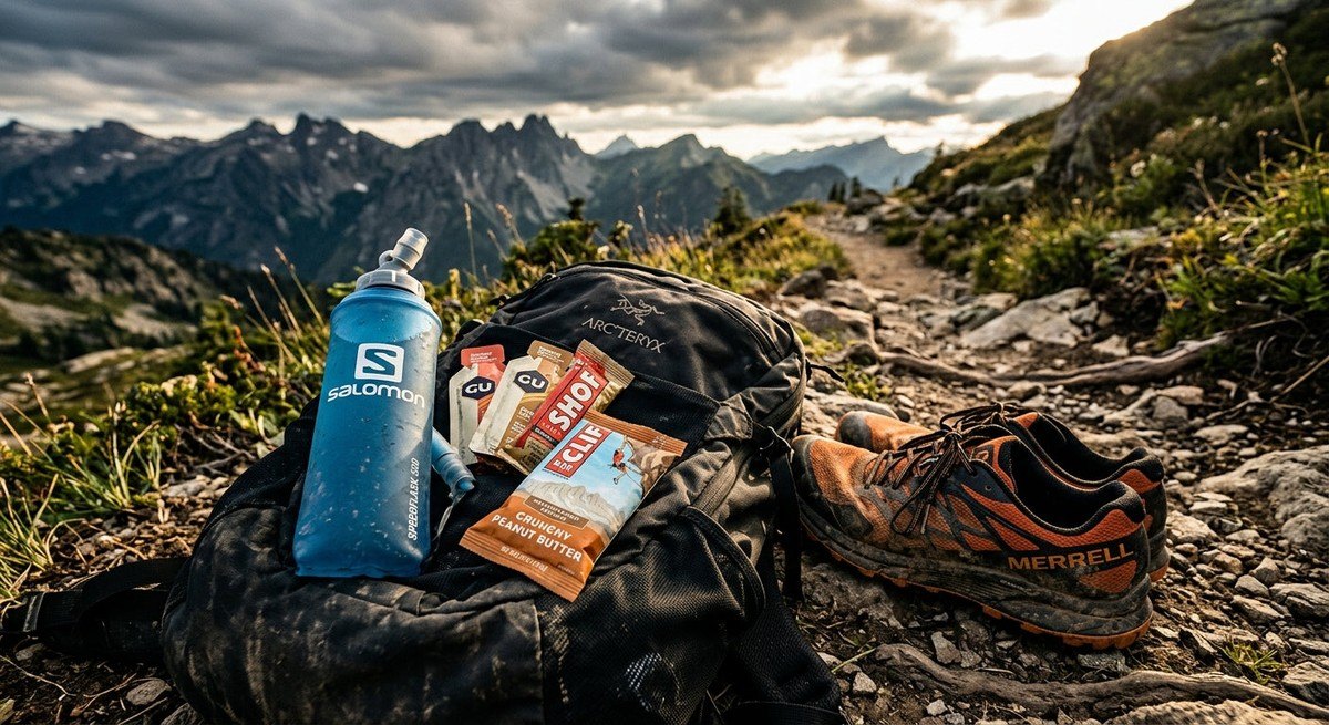 Close-up of an athlete’s gear and nutrition supplies on a mountain trail, highlighting textured fabrics and rugged equipment in a dramatic, high-contrast environment.