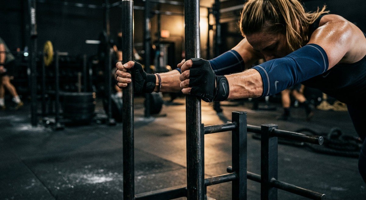 Close-up of an athlete's hands gripping the vertical bars of a competition sled with visible muscular tension and cinematic lighting