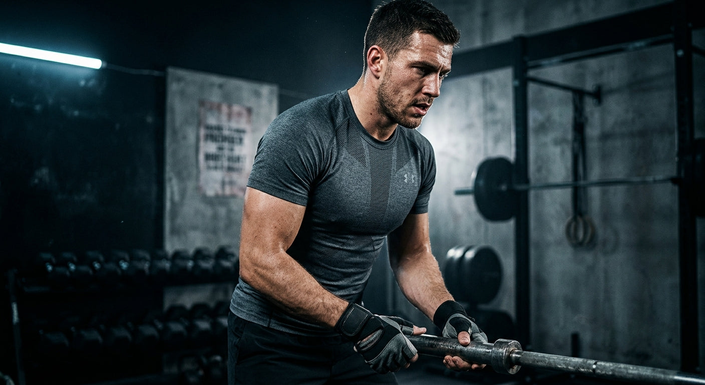 Close-up of an athlete's intense focus during a transition, showcasing sharp textures and realistic skin details in a dark, high-contrast environment.