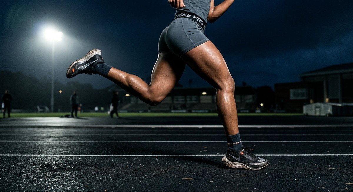 Close-up of an athlete's legs in motion on a dark, moody track with high-contrast cinematic lighting and realistic texture.
