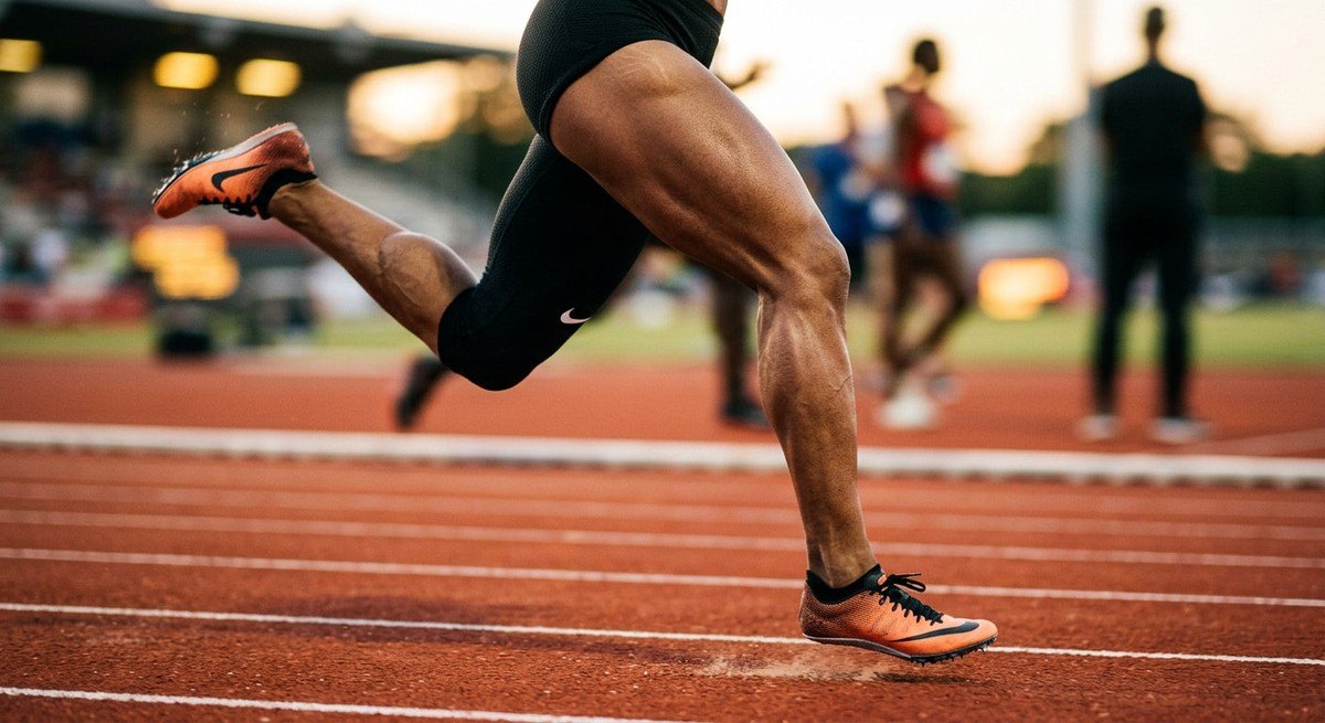 Close-up of an athlete's legs in motion, showing powerful muscle engagement and sharp, realistic textures with a cinematic motion blur effect.