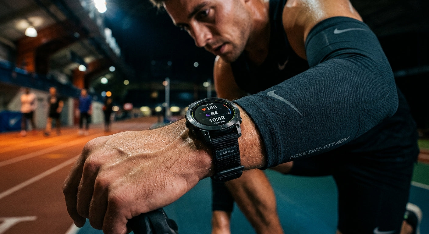 Close up of an athlete wearing a high-tech sleep tracker watch, focusing on fine textures and dramatic cinematic lighting.