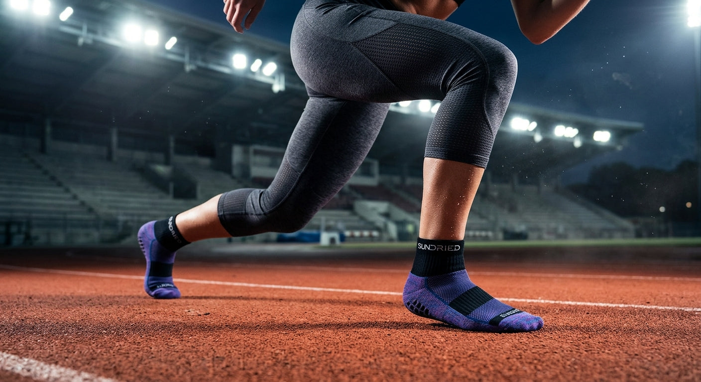 Close up of an athlete wearing Sundried grip socks transitioning from lunges to a run track, featuring realistic textures and dramatic contrast under cinematic stadium lighting.