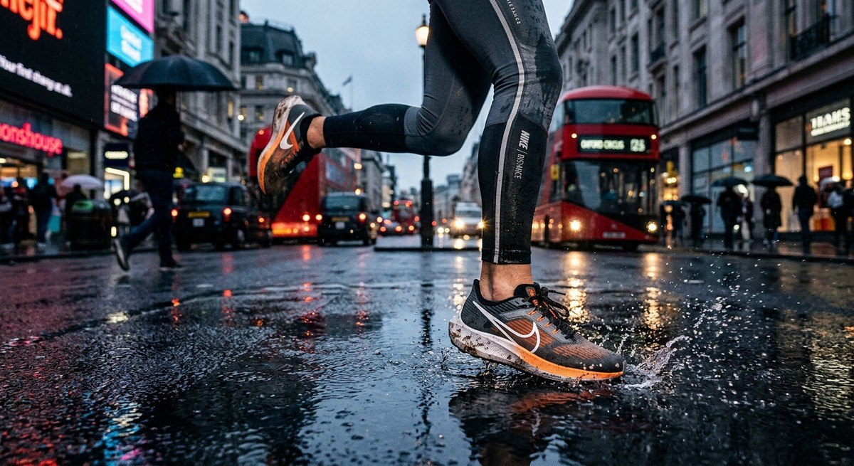 Close-up of athletic running shoes hitting a wet pavement in a bustling UK city with motion blur.