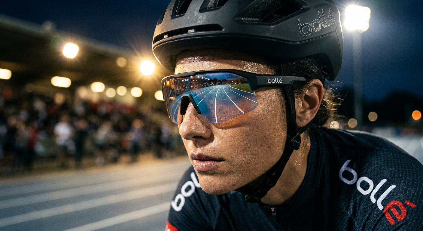 Close-up of Bollé Lightshifter lens technology showing a sharp, crystal-clear reflection of a track under cinematic moody stadium lights.