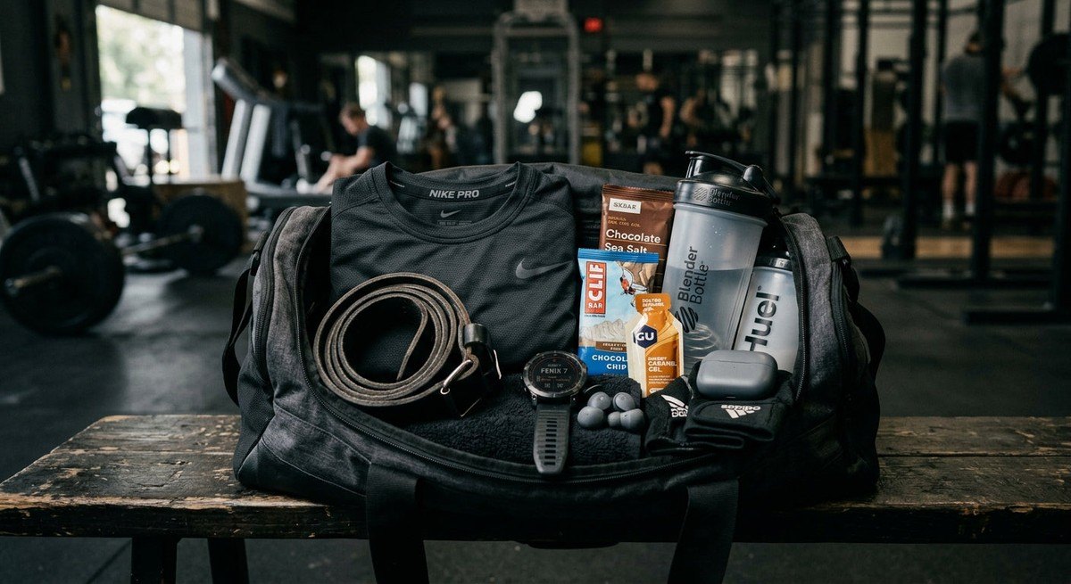 Close-up of high-performance multi-sport gear and nutritional items inside an athletic gym bag, featuring cinematic textures.
