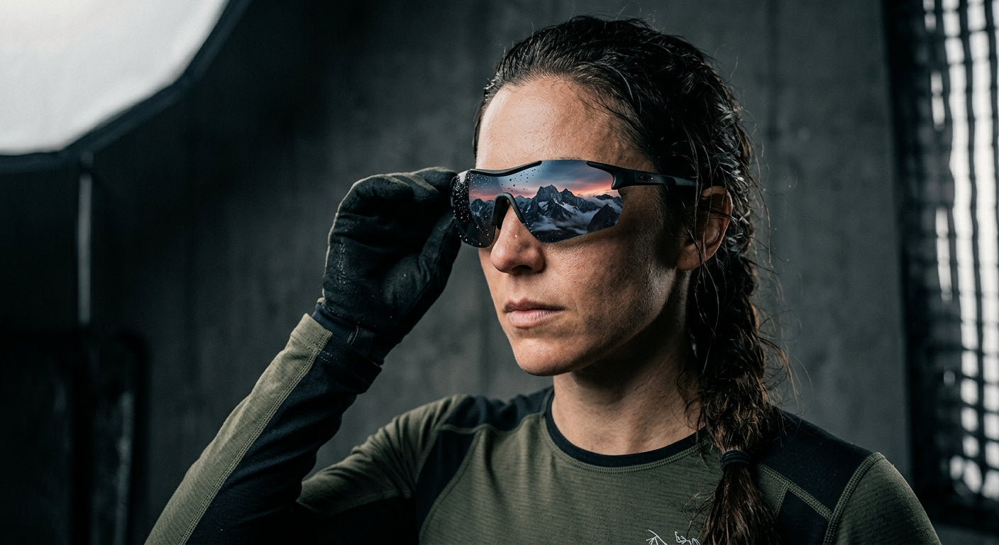 Close-up of high-performance polarized lenses reflecting a dramatic mountain landscape, highlighting the sleek, rimless frame design in a moody, high-contrast studio setting.