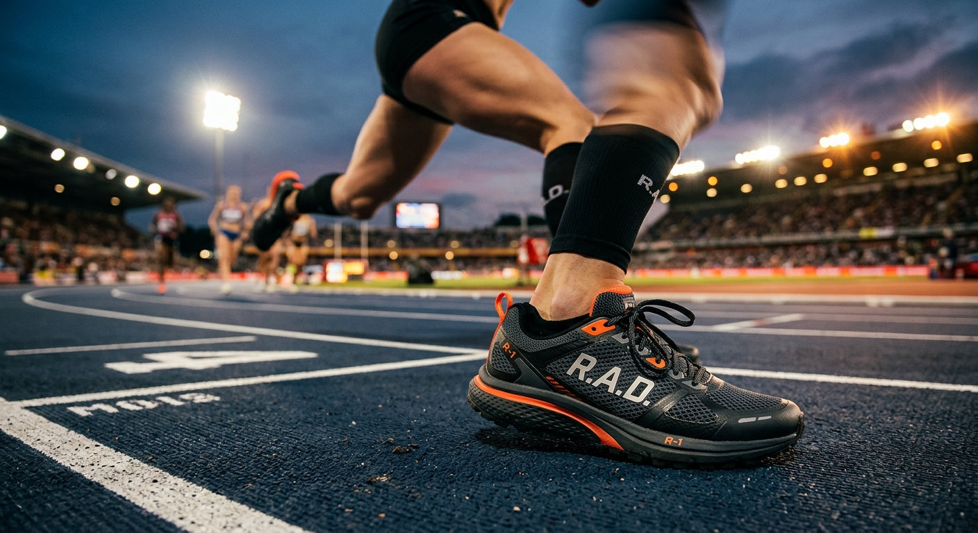Close-up of high-performance R.A.D. R-1 footwear on a professional track, highlighting the texture and design with cinematic stadium lighting and motion blur.