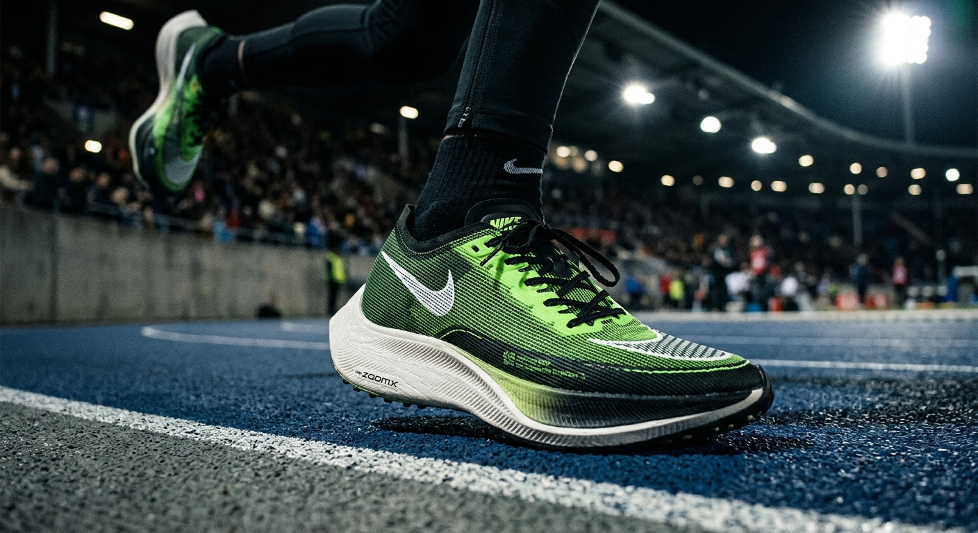 Close-up of high-performance running shoe mesh texture and midsole foam, captured with sharp focus and moody, contrast-heavy stadium illumination.