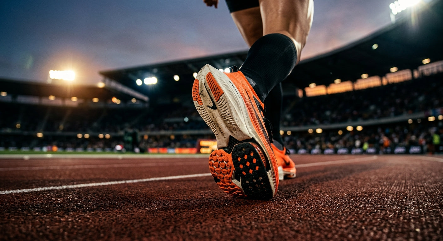Close-up of high-performance running shoe sole textures with cinematic stadium lighting.