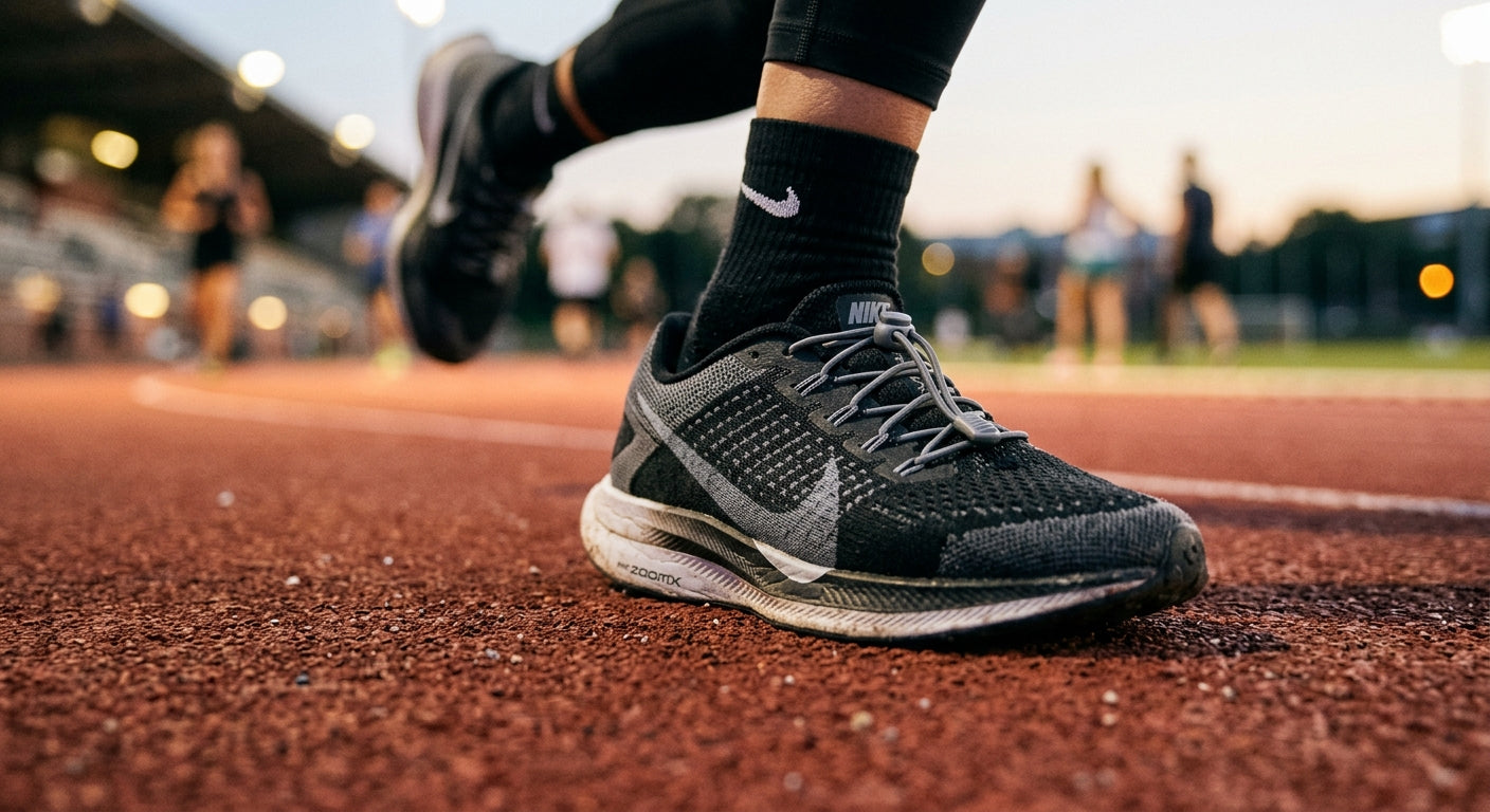 Close-up of high-performance running shoe with elastic laces showing sharp details and realistic textures
