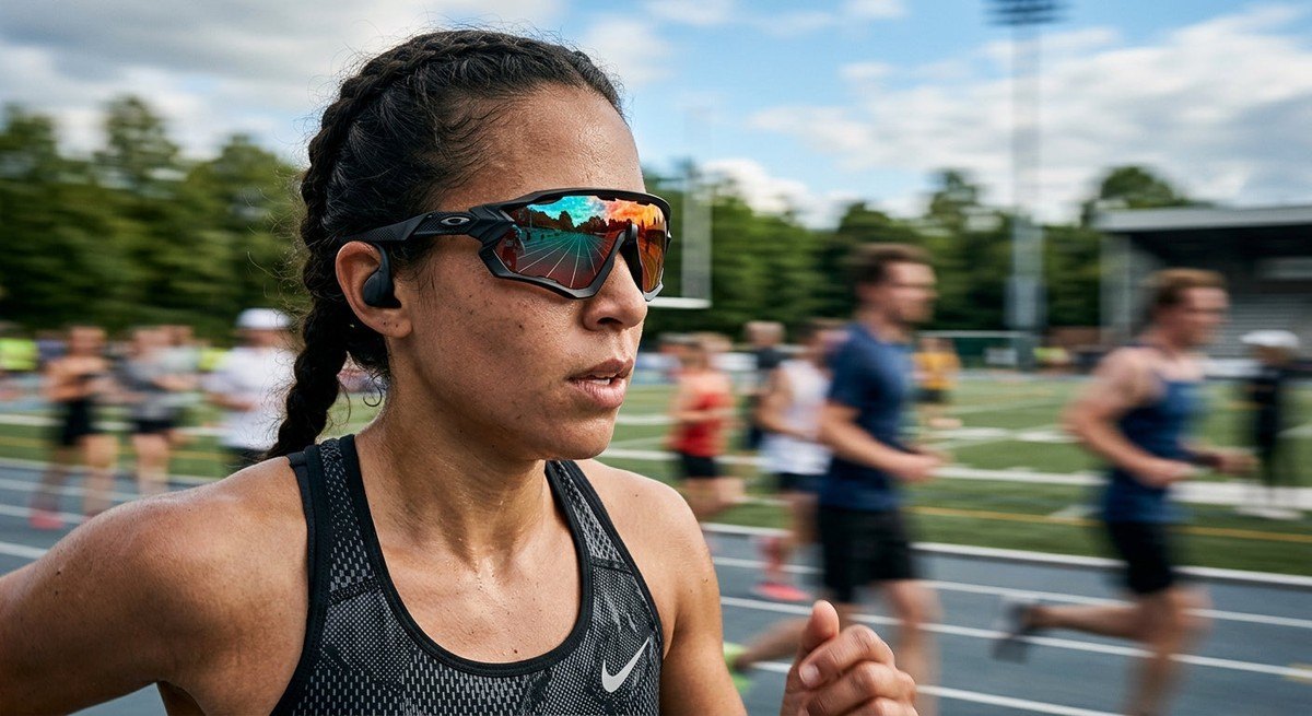 Close-up of high-performance sunglasses showing intricate frame geometry and reflective lens technology with motion blur background.