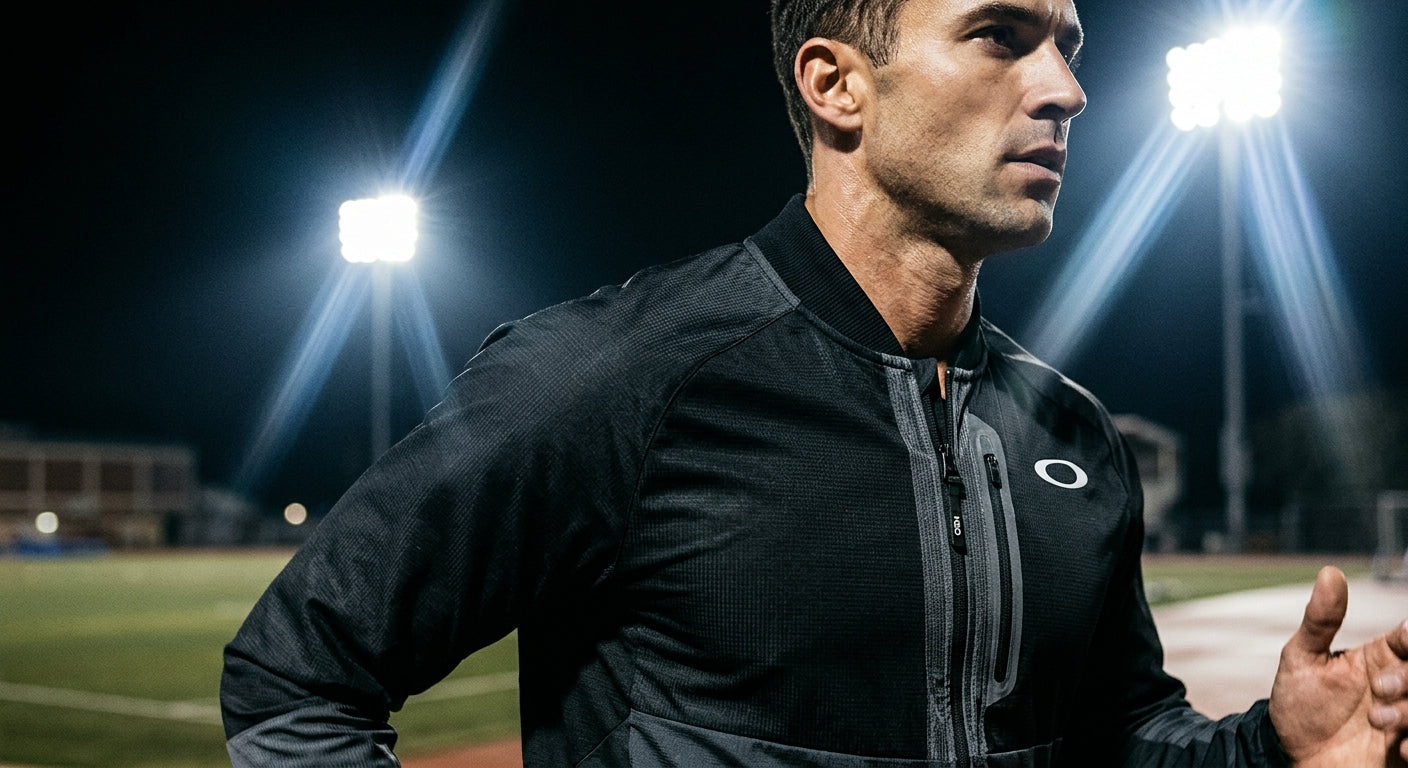 Close-up of high-performance technical fabric textures of the Oakley Neo Jacket under sharp cinematic stadium floodlights