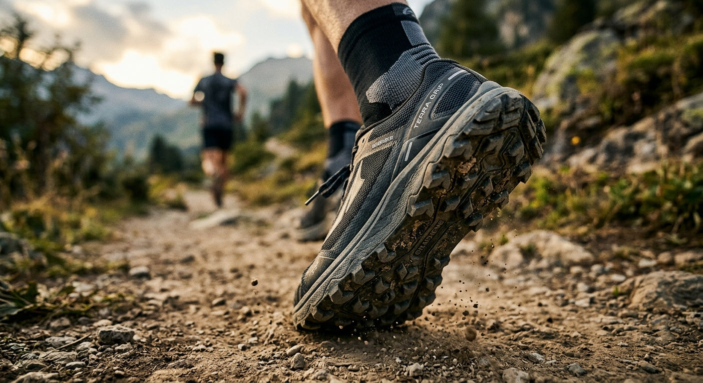 Close-up of high-performance trail running shoe outsole showing advanced graphene-enhanced lug texture.