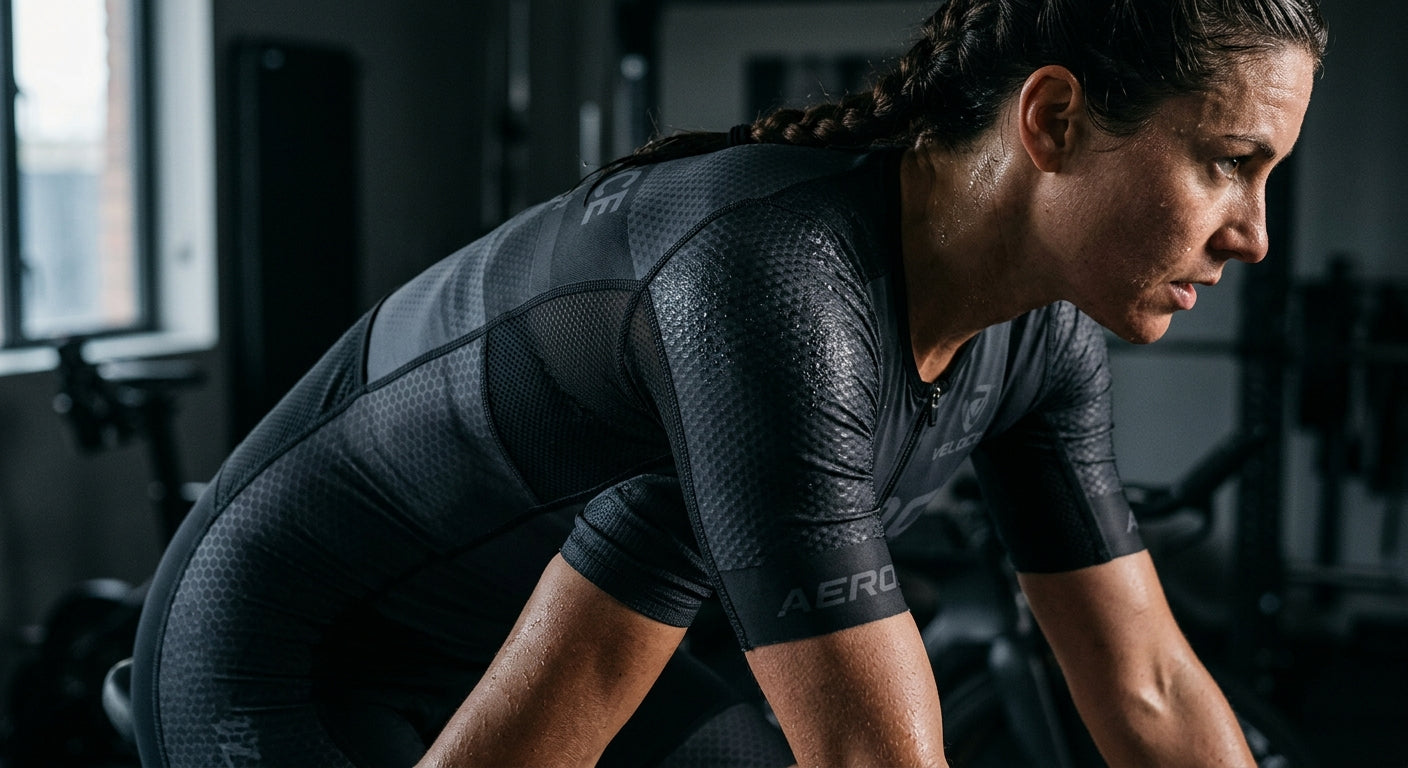 Close-up of high-tech aerodynamic fabric textures on a triathlon suit with sharp focus and moody lighting.