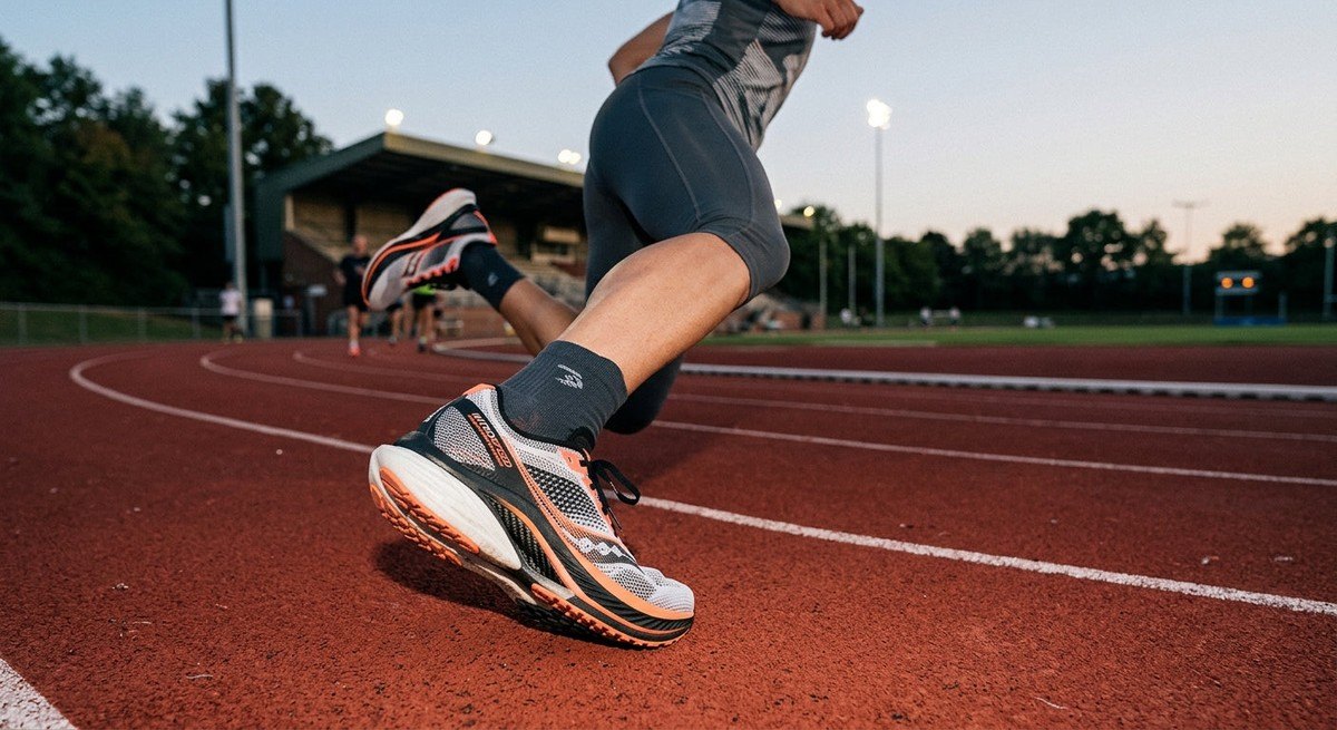 Close-up of high-tech carbon-plated marathon footwear on a running track, showcasing detailed textures and aggressive aerodynamic design.