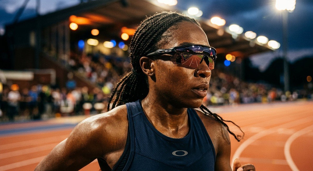 Close-up of Oakley Radar EV Path eyewear featuring Prizm lens technology under dramatic stadium lighting