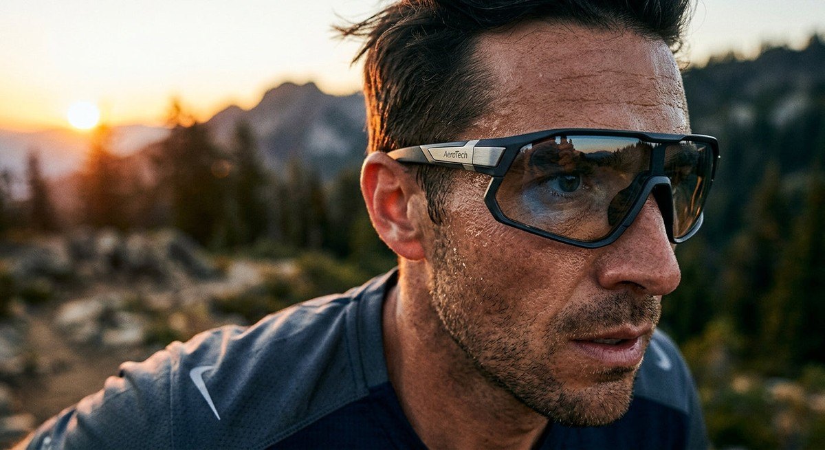 Close-up of premium, aerodynamic sports eyewear frame with sharp focus on the lens texture and metallic detailing.