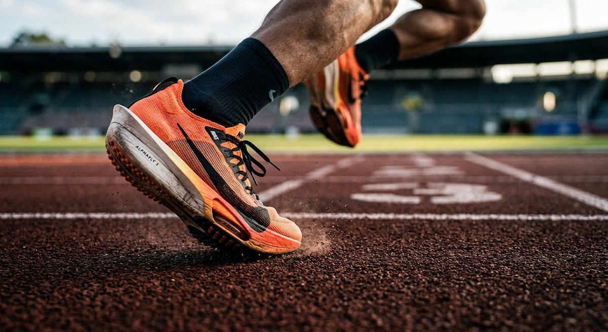 Close-up of premium carbon-plated running shoes hitting the track surface, showing fine texture details and cinematic contrast.