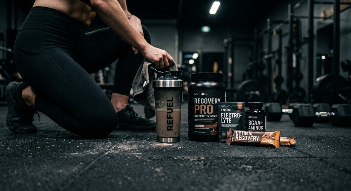 Close-up of recovery nutrition products and supplements on a dark, moody gym floor with sharp, dramatic textures.