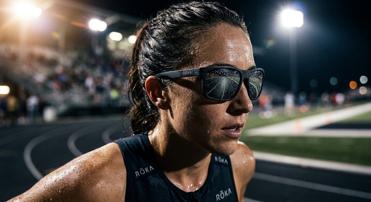 Close-up of ROKA Ion eyewear featuring sharp, detailed textures on the frame and hydrophobic lens coating under dramatic stadium floodlights.