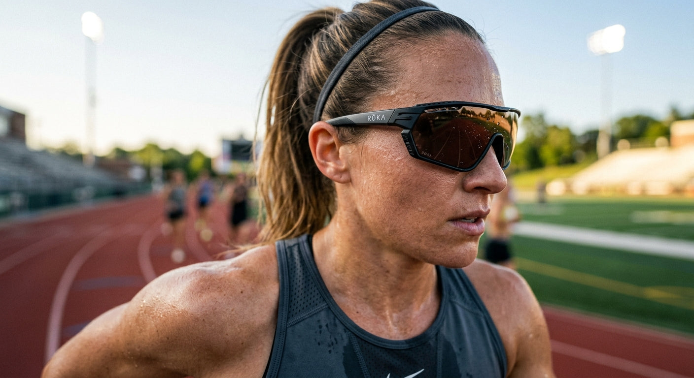 Close-up of Roka SR-1X performance eyewear showing the intricate frame design and high-definition lens texture.